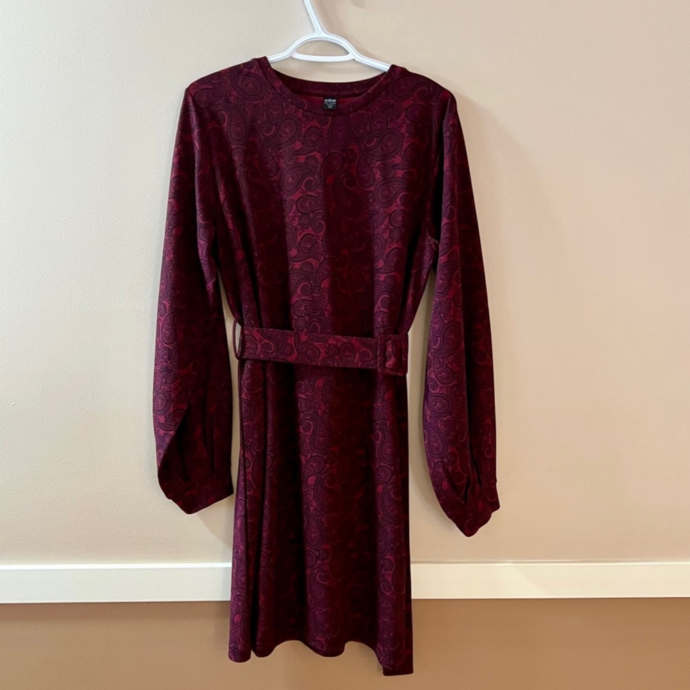 NWOT Burgundy Red Paisley Long Sleeve Dress by Icone Par Simons Size Large